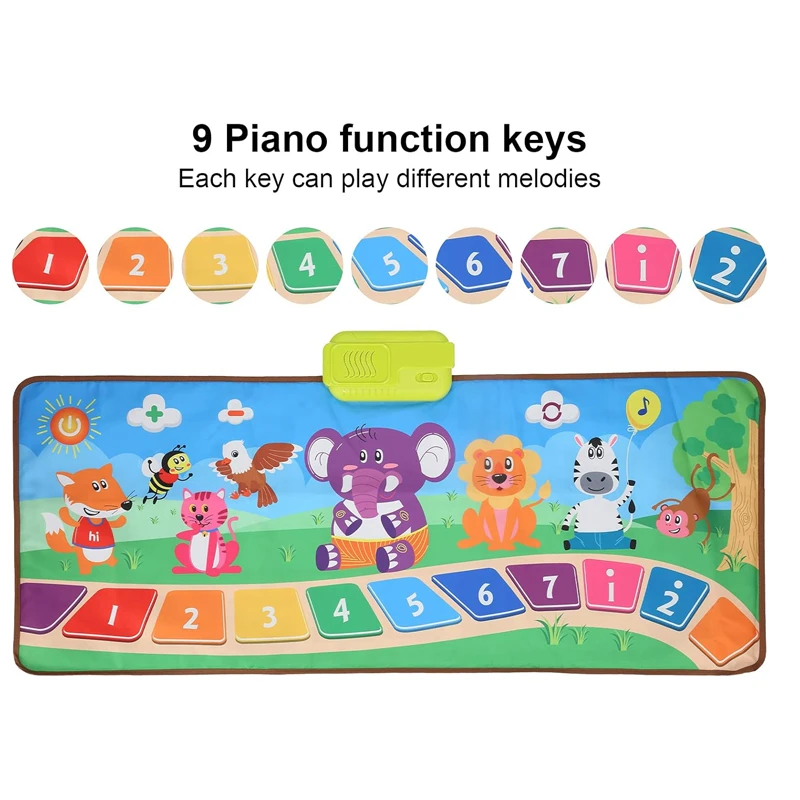 Children’s Foldable Piano Music Play Mat – Animal Theme, 9 Sensitive Piano Keys, Early Education with Piano Score, Ages 8 Months+